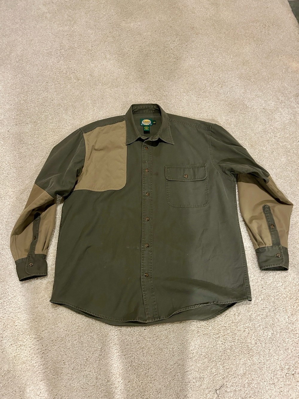 Cabela's Olive Green Button-Down Shirt with Tan Shoulder Patch